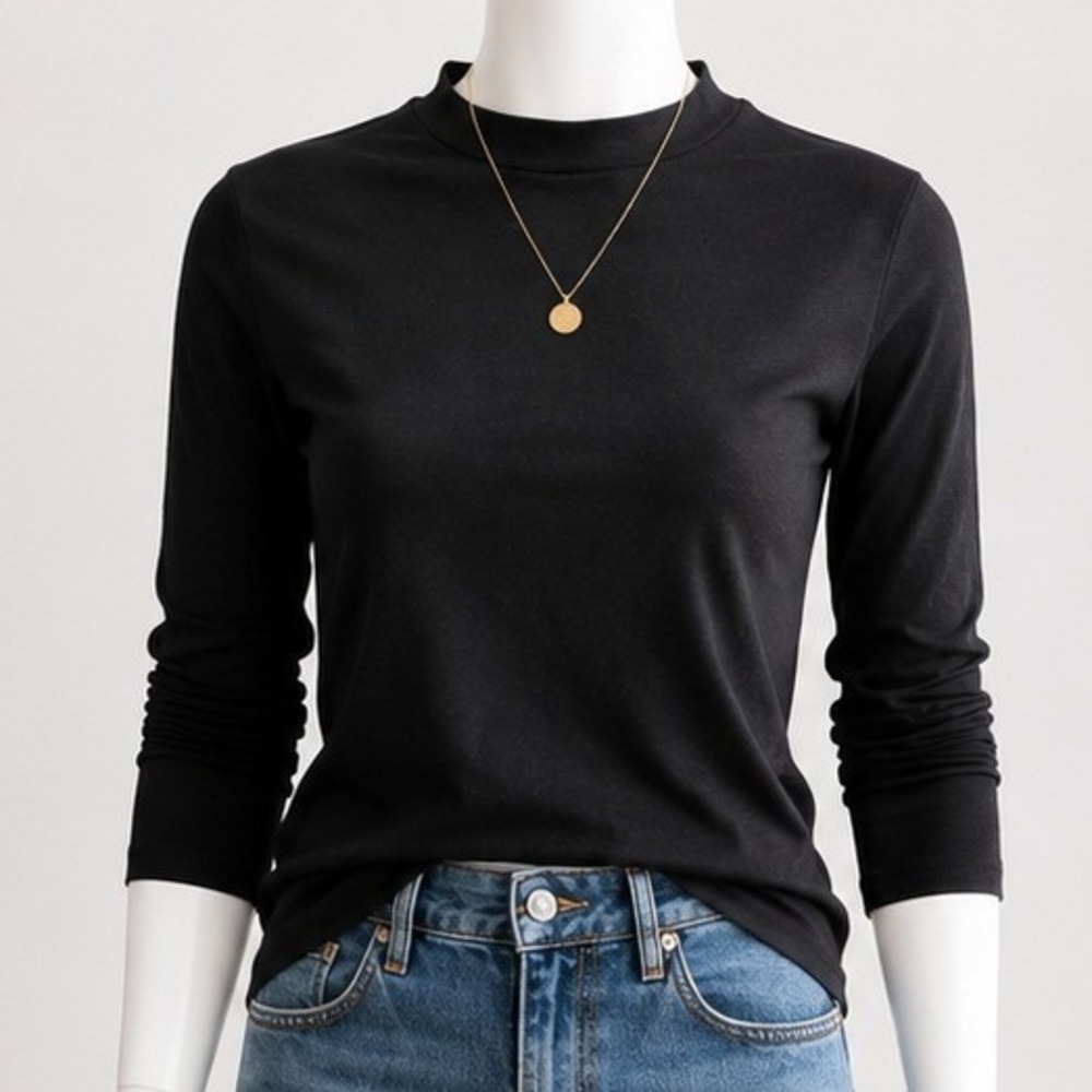 Bassike Womens Top Black Organic Cotton Mock Neck Long Sleeve XS